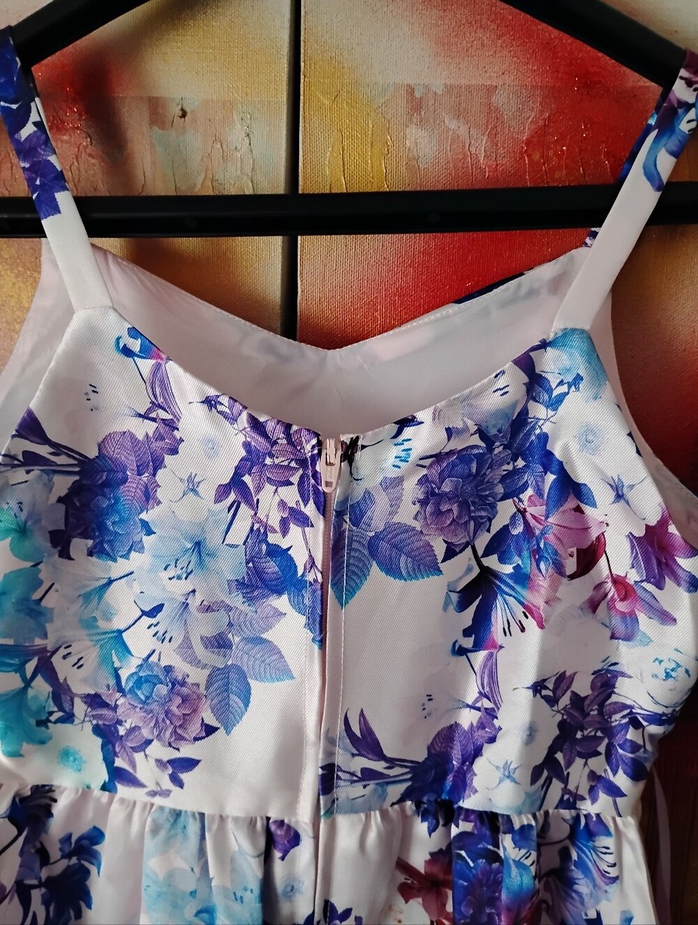 Emily Rose White Floral High-Low Dress with Purple and Blue Blooms - Picture 5 of 10